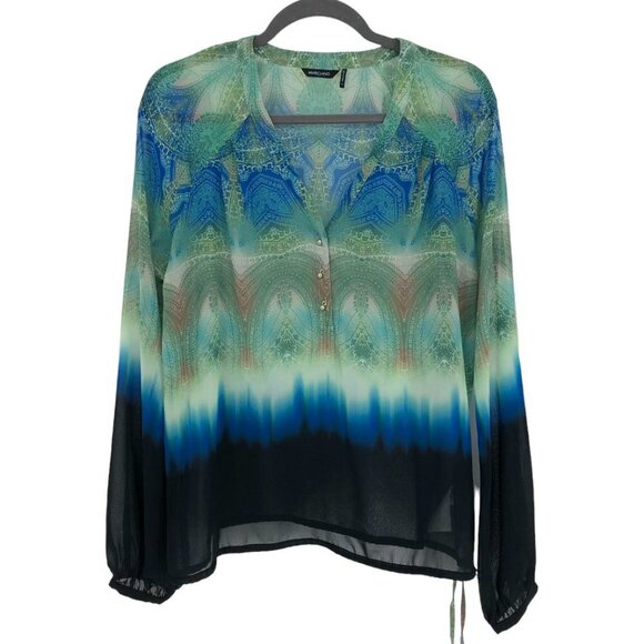 NWT Marciano paisley patterned green blue ombre long sleeve button neck top S - Picture 1 of 16
